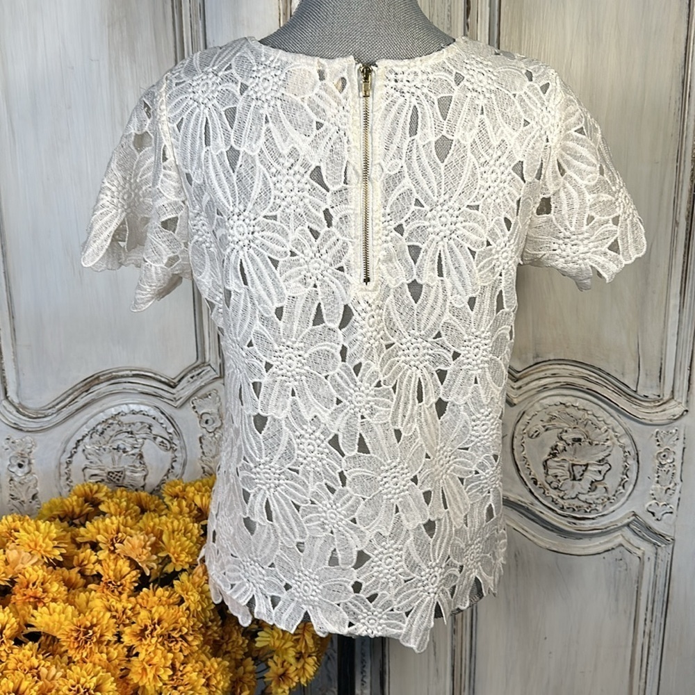Japna Cotton Blend Heavy White Lace High Neck Short Sleeve Top Size Size Med - Picture 5 of 10
